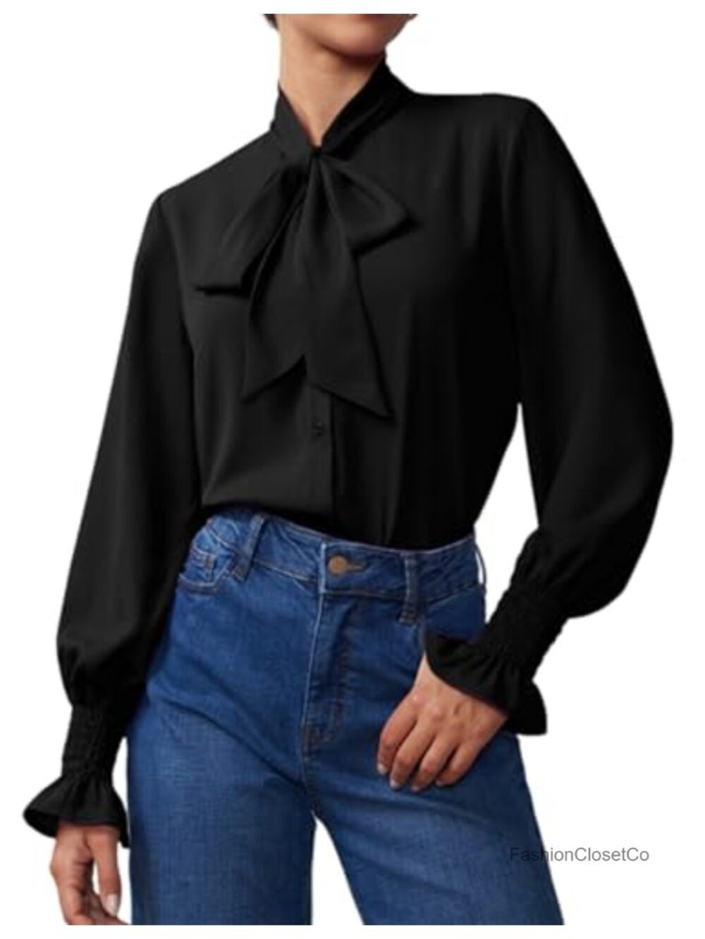 Women's Chiffon Bow Tie Neck Blouse Smocked Cuff Business Casual Work Top